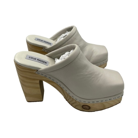 NWOT STEVE MADDEN Alvara Leather Block Heeled Mule Sandals Bone 9.5” - Picture 9 of 13